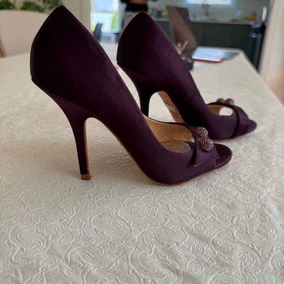 Badgley Mischka Heels 5.5 Deep Purple satin Rhinestone open Toe - Picture 1 of 7